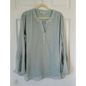 Krazy Kat Seafoam Green Blouse Lace Front Long‎ Bell Sleeves Sheer Size XXL